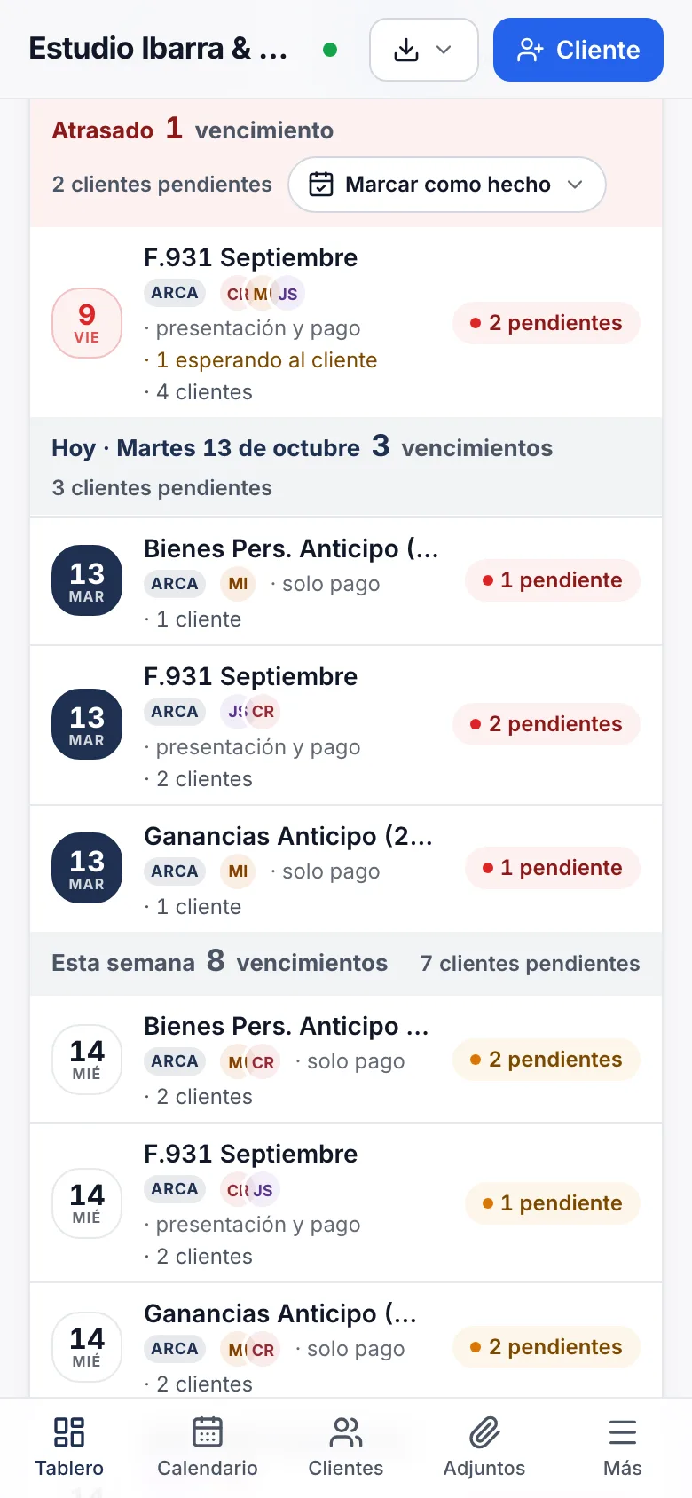 El mismo tablero en el celular: un vencimiento atrasado, lo que vence hoy y lo de esta semana