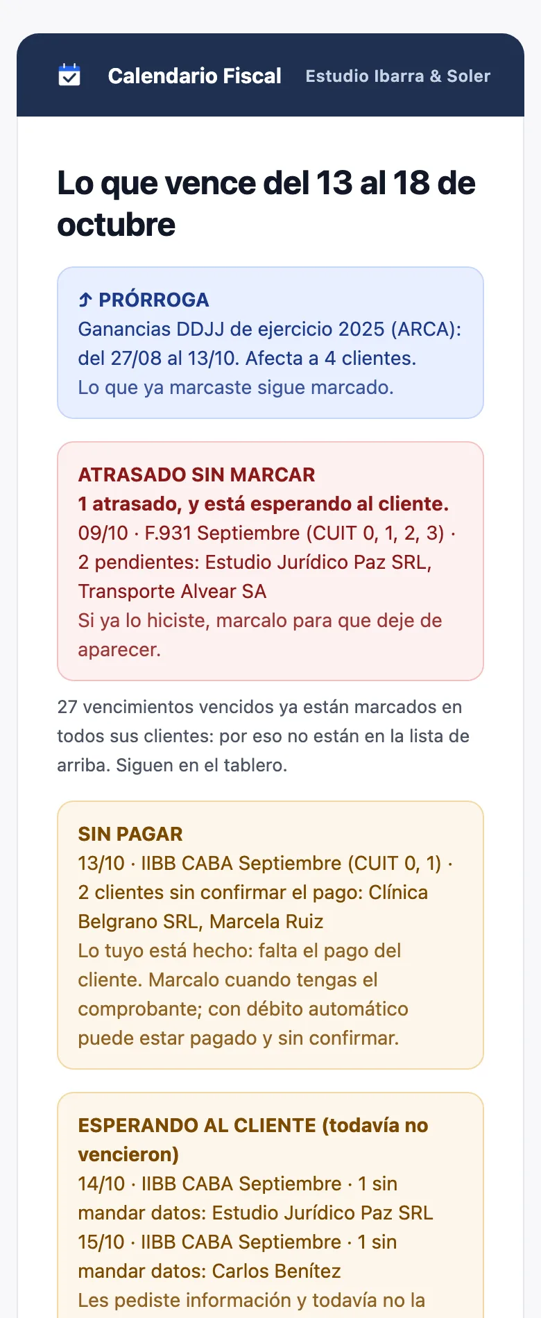 Email de la mañana del panel: una prórroga de ARCA, un vencimiento atrasado sin marcar, lo que espera al cliente y lo que vence hoy