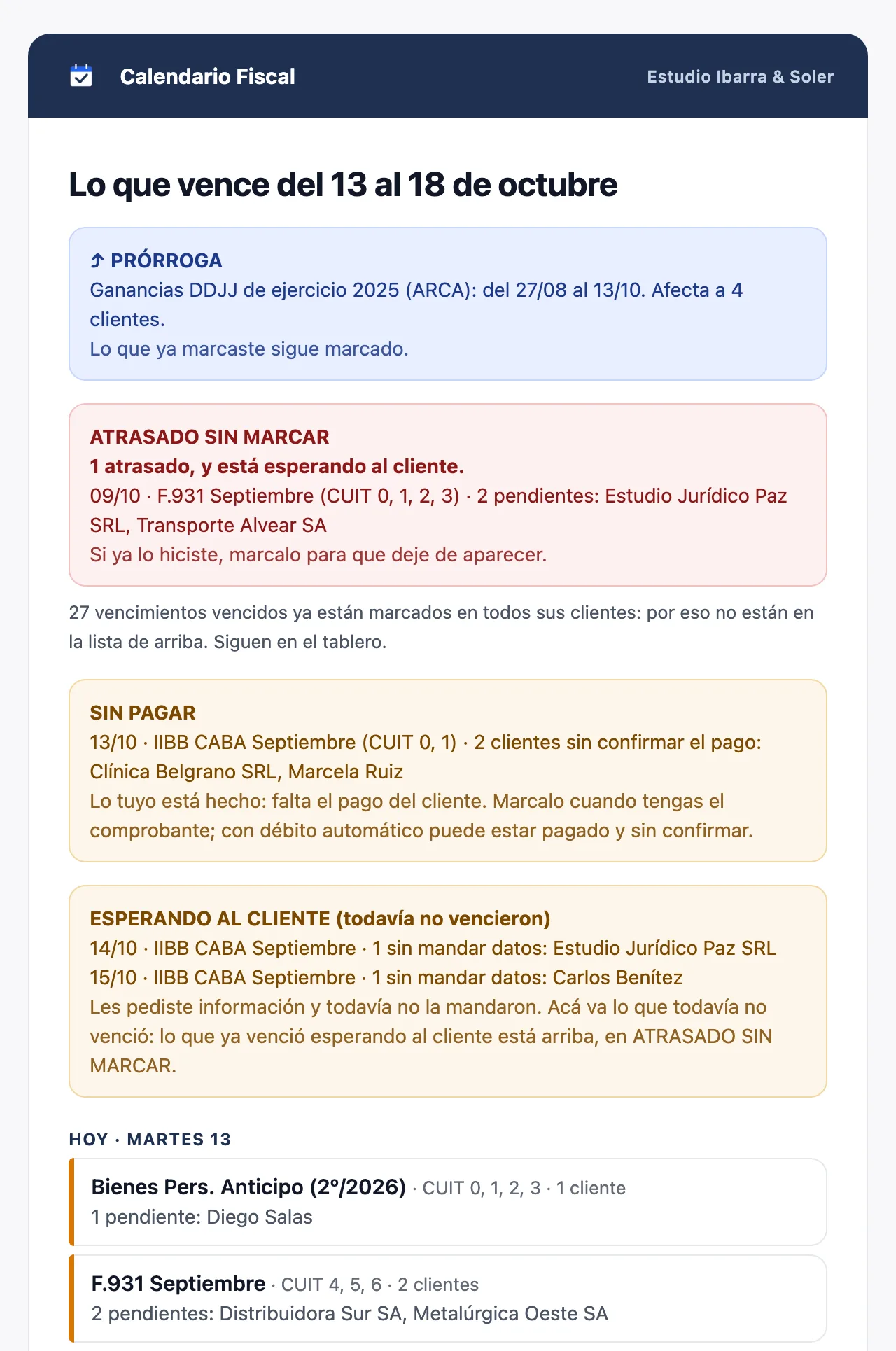 Email de la mañana del panel: una prórroga de ARCA, un vencimiento atrasado sin marcar, lo que espera al cliente y lo que vence hoy