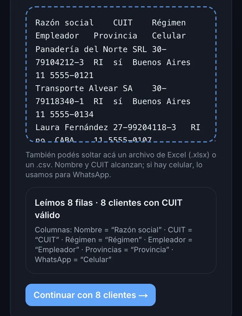 Pantalla Importar clientes del panel: una lista pegada desde Excel y el aviso Leímos 8 filas, 8 clientes con CUIT válido