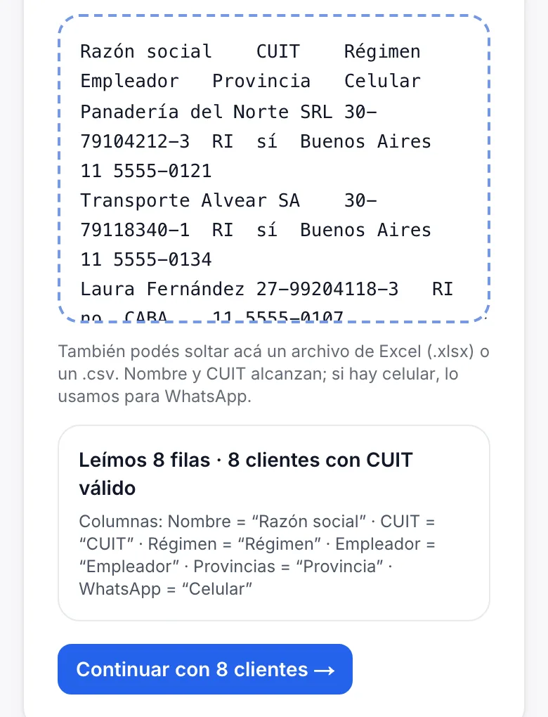 Pantalla Importar clientes del panel: una lista pegada desde Excel y el aviso Leímos 8 filas, 8 clientes con CUIT válido