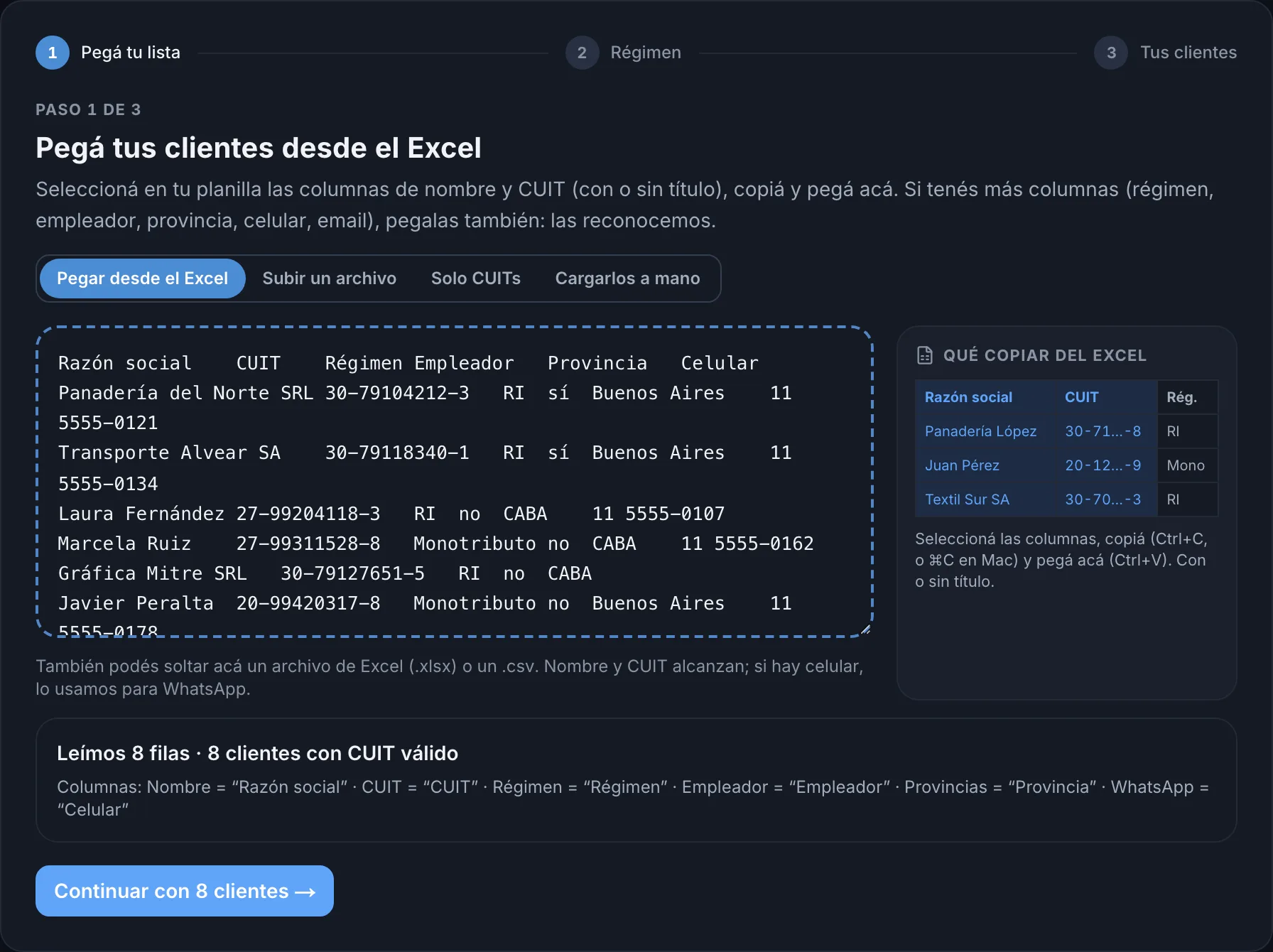 Pantalla Importar clientes del panel: una lista pegada desde Excel y el aviso Leímos 8 filas, 8 clientes con CUIT válido
