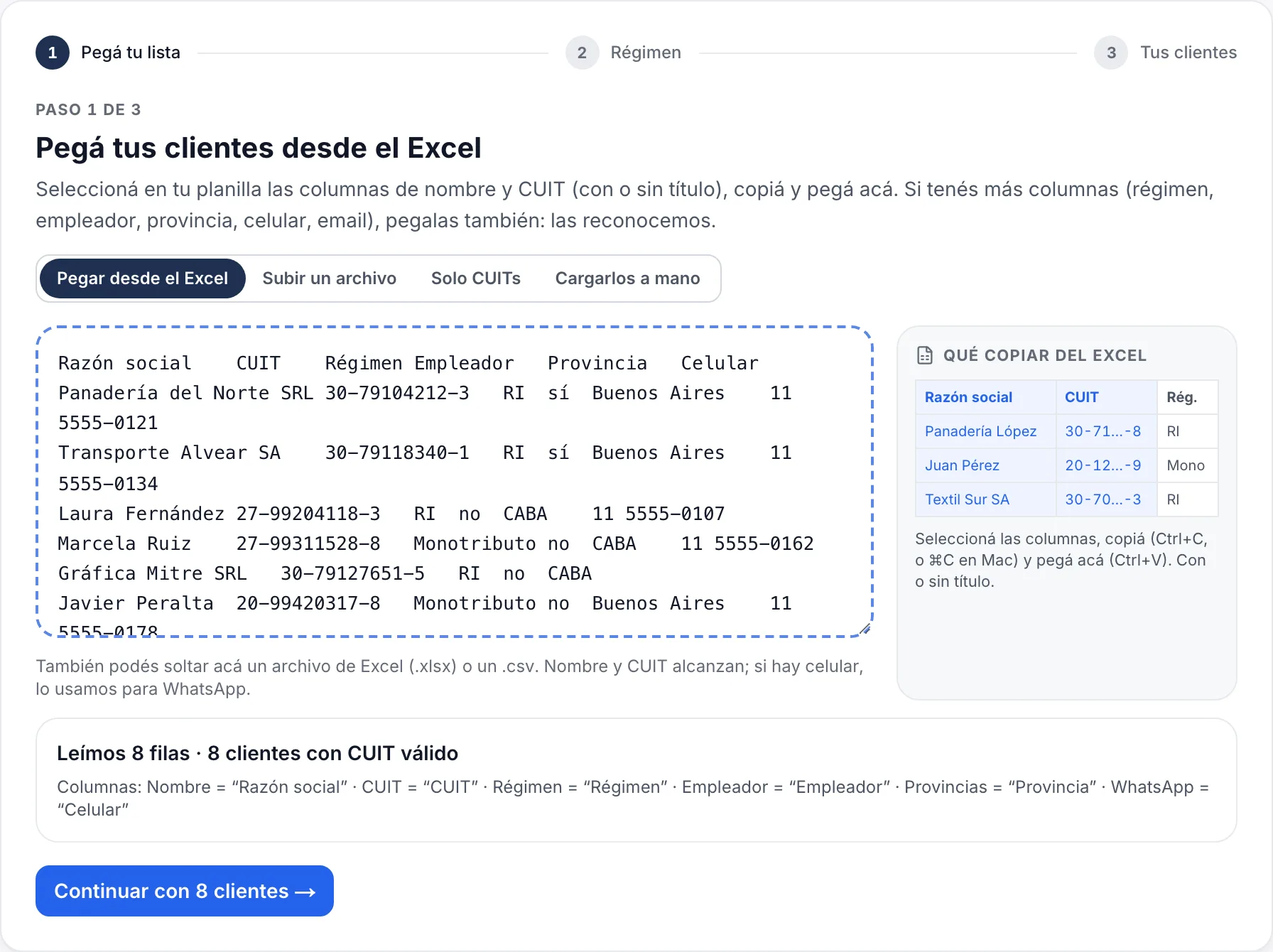 Pantalla Importar clientes del panel: una lista pegada desde Excel y el aviso Leímos 8 filas, 8 clientes con CUIT válido