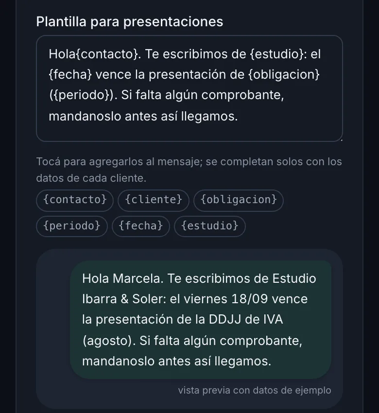 Plantilla de WhatsApp del panel y su vista previa: Hola Marcela, te escribimos de Estudio Ibarra & Soler, el viernes vence la presentación de la DDJJ de IVA