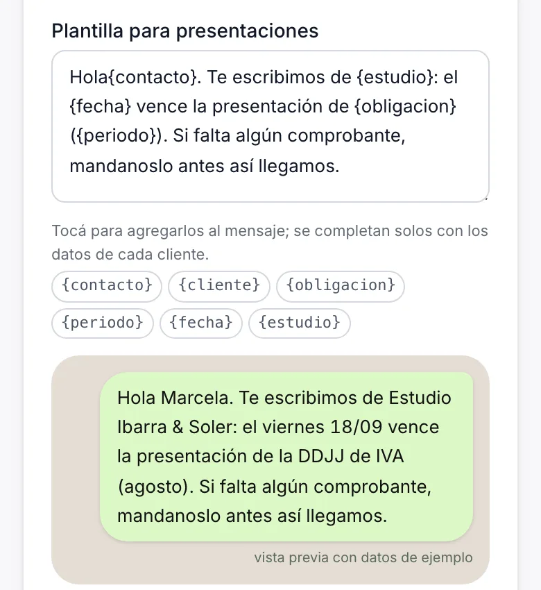 Plantilla de WhatsApp del panel y su vista previa: Hola Marcela, te escribimos de Estudio Ibarra & Soler, el viernes vence la presentación de la DDJJ de IVA
