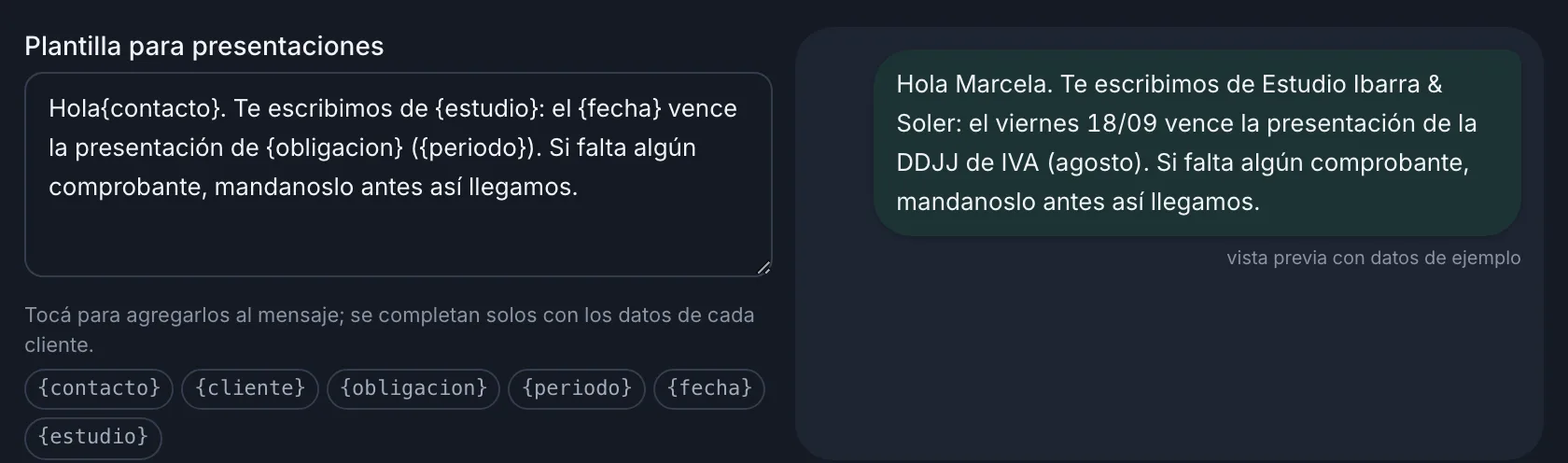 Plantilla de WhatsApp del panel y su vista previa: Hola Marcela, te escribimos de Estudio Ibarra & Soler, el viernes vence la presentación de la DDJJ de IVA