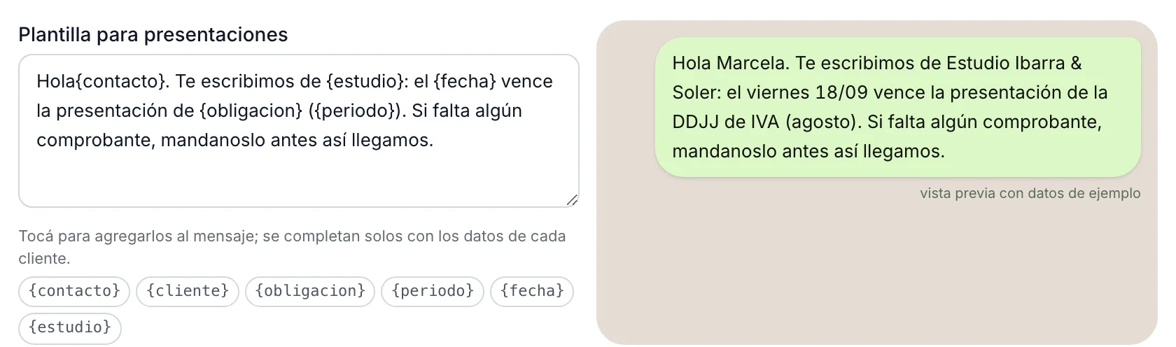 Plantilla de WhatsApp del panel y su vista previa: Hola Marcela, te escribimos de Estudio Ibarra & Soler, el viernes vence la presentación de la DDJJ de IVA